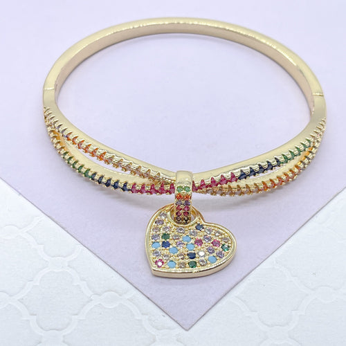 18k Gold Filled Colorful CZ Cuff Bracelet with Multi Color Dangling Heart