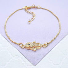 Load image into Gallery viewer, 18k Gold Filled Dainty Box Chain Bracelet with CZ Hamza Hand Charm
