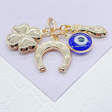 Load image into Gallery viewer, 18k Gold Filled Gold Figa Hand With Four Leaf Clover, Horse Shoe And Evil Eye Charm
