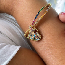 Load image into Gallery viewer, 18k Gold Filled Colorful CZ Cuff Bracelet with Multi Color Dangling Heart
