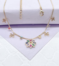 Load image into Gallery viewer, 18k Gold Filled Dainty Box Chain Choker with Colorful Cz and Flower Charms w Flower Centerpiece
