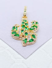 Load image into Gallery viewer, 18k Gold Filled Catcus Plant Pendant With Green CZ and small Magenta CZ Stones
