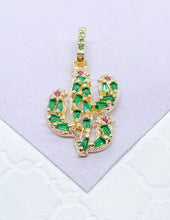 Load image into Gallery viewer, 18k Gold Filled Catcus Plant Pendant With Green CZ and small Magenta CZ Stones
