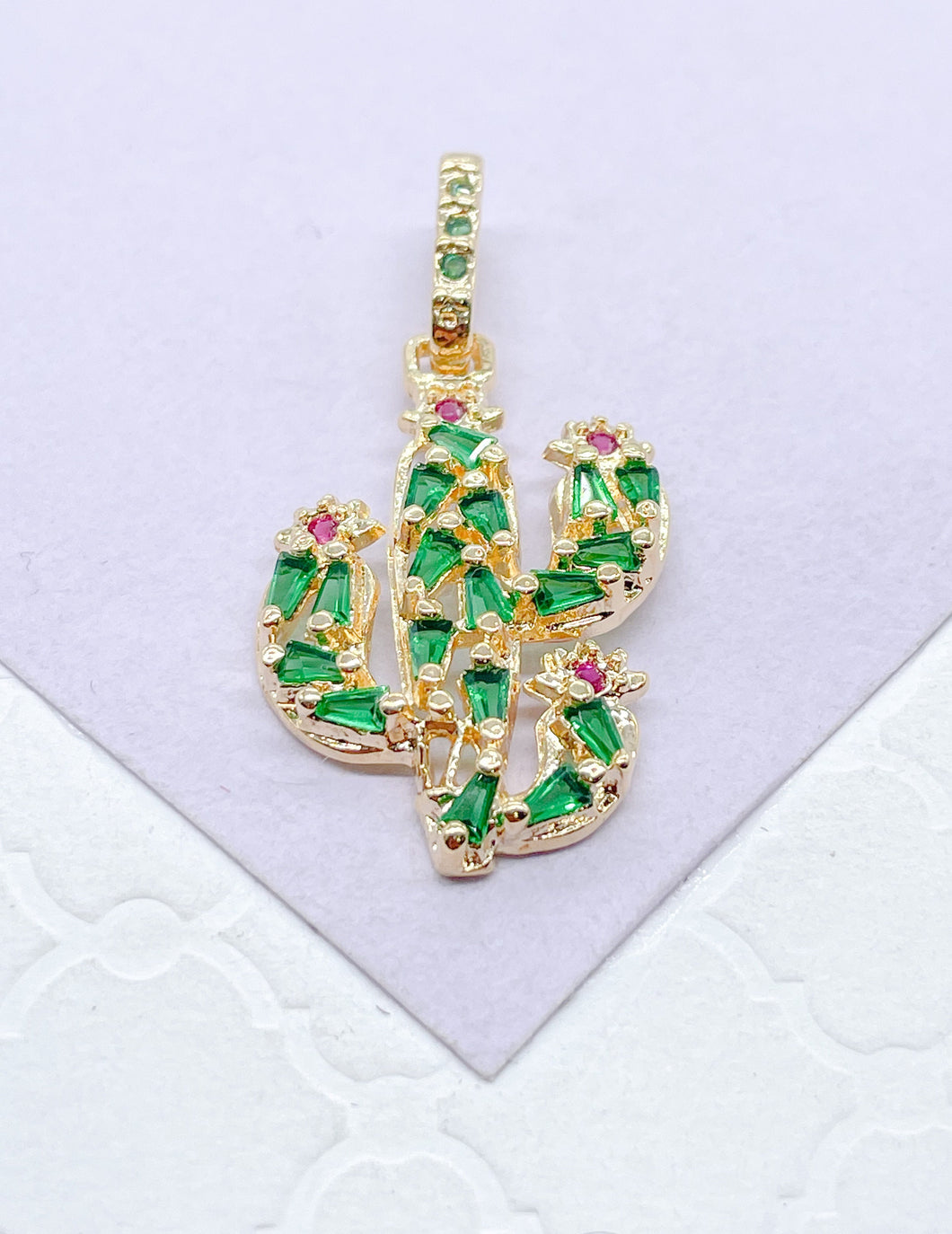18k Gold Filled Catcus Plant Pendant With Green CZ and small Magenta CZ Stones