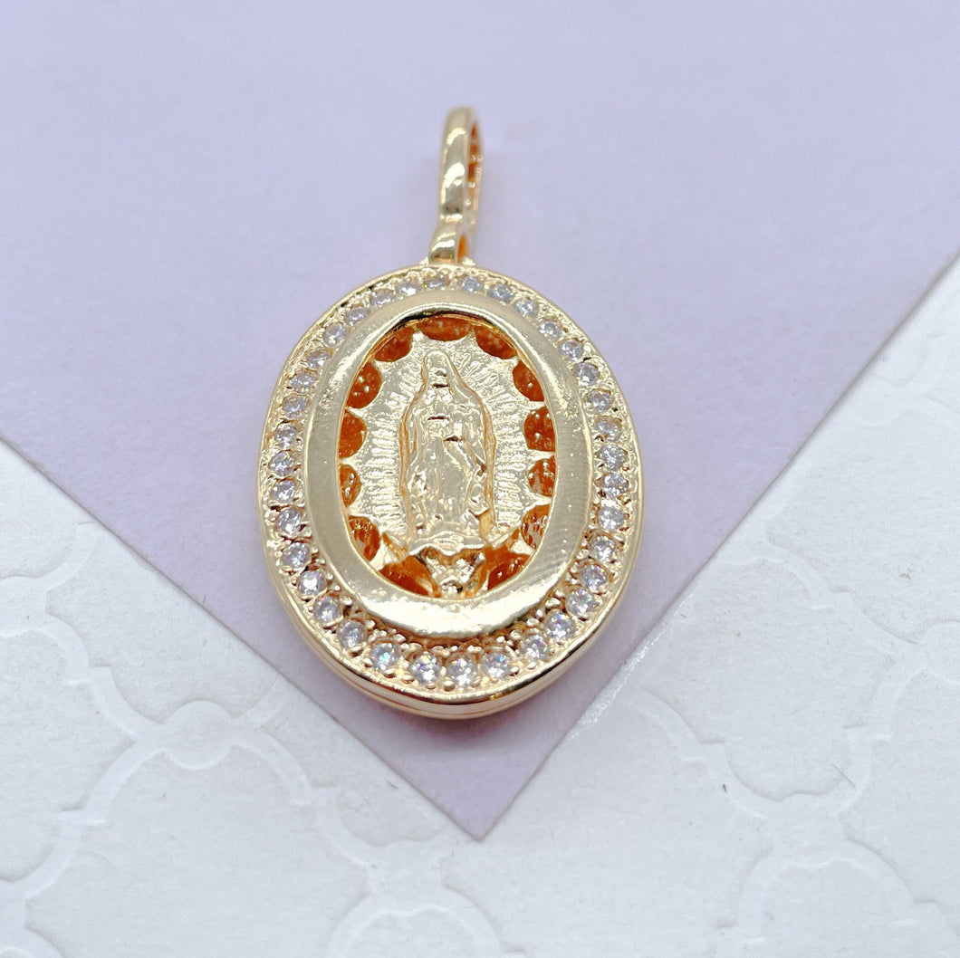 18k Gold Filled Virgen Guadalupe Locket Pendant With Crowned CZ Stones