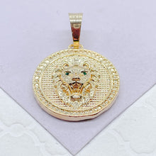 Load image into Gallery viewer, 18k Gold Filled Lion Head Medallion Pendant With With Engraved Patters And Emerald Green Eye Stones
