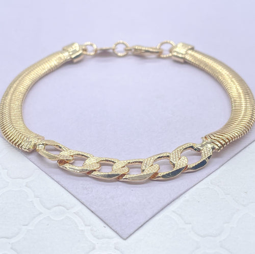 18k Gold Filled Smooth Soft Herring Bone Necklace With Flat Thick Curb Link Center Piece