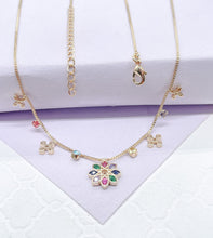 Load image into Gallery viewer, 18k Gold Filled Dainty Box Chain Choker with Colorful Cz and Flower Charms w Flower Centerpiece
