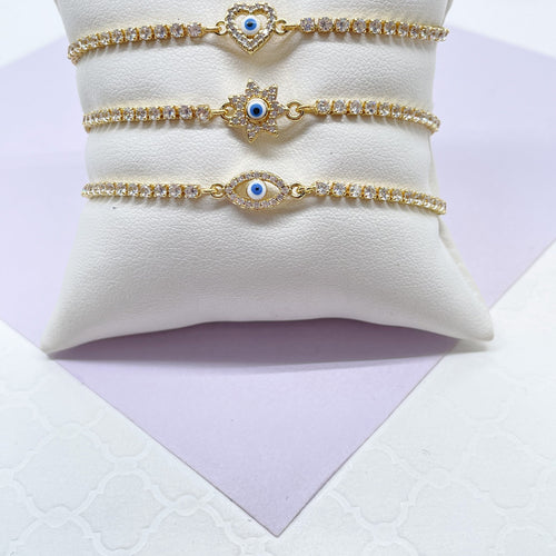 18k Gold Filled Blue Evil Eye Tennis Adjustable Bracele, 3 Styles Available