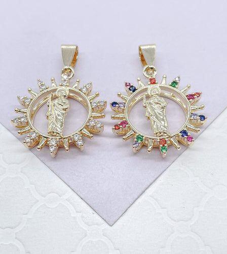 18k Colorful St Jude Pendant Crowned with Multi-Color and White CZ Stones