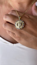 Load image into Gallery viewer, 18k Gold Filled Guadalupe and Saint Jude Medallion Charms Crowned With Colorful Green CZ Stone
