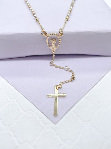 18k Gold Filled Tri Colored 2.5mm beaded Rosary with Guadalupe or Divine Child of Jesus Center