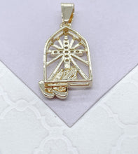 Load image into Gallery viewer, 18k Gold Filled Medallion Charm With Cross and Praying Hands
