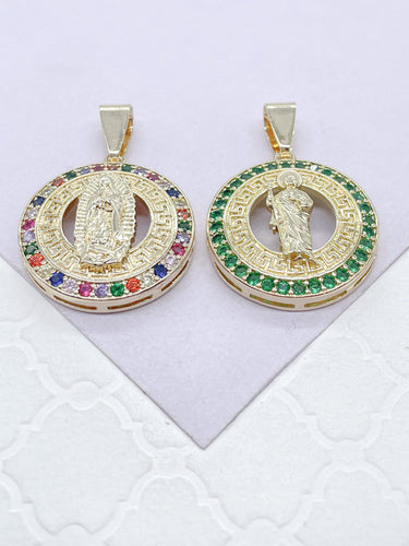 18k Gold Filled Guadalupe and Saint Jude Medallion Charms Crowned With Colorful Green CZ Stone