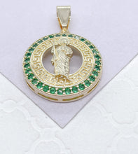 Load image into Gallery viewer, 18k Gold Filled Guadalupe and Saint Jude Medallion Charms Crowned With Colorful Green CZ Stone
