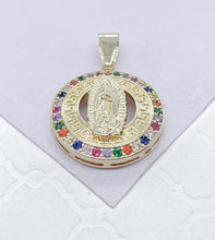 Load image into Gallery viewer, 18k Gold Filled Guadalupe and Saint Jude Medallion Charms Crowned With Colorful Green CZ Stone
