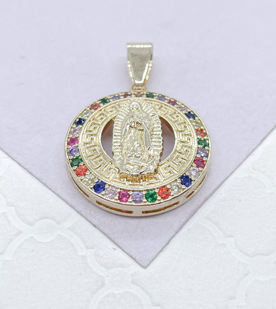 18k Gold Filled Guadalupe and Saint Jude Medallion Charms Crowned With Colorful Green CZ Stone