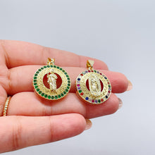 Load image into Gallery viewer, 18k Gold Filled Guadalupe and Saint Jude Medallion Charms Crowned With Colorful Green CZ Stone
