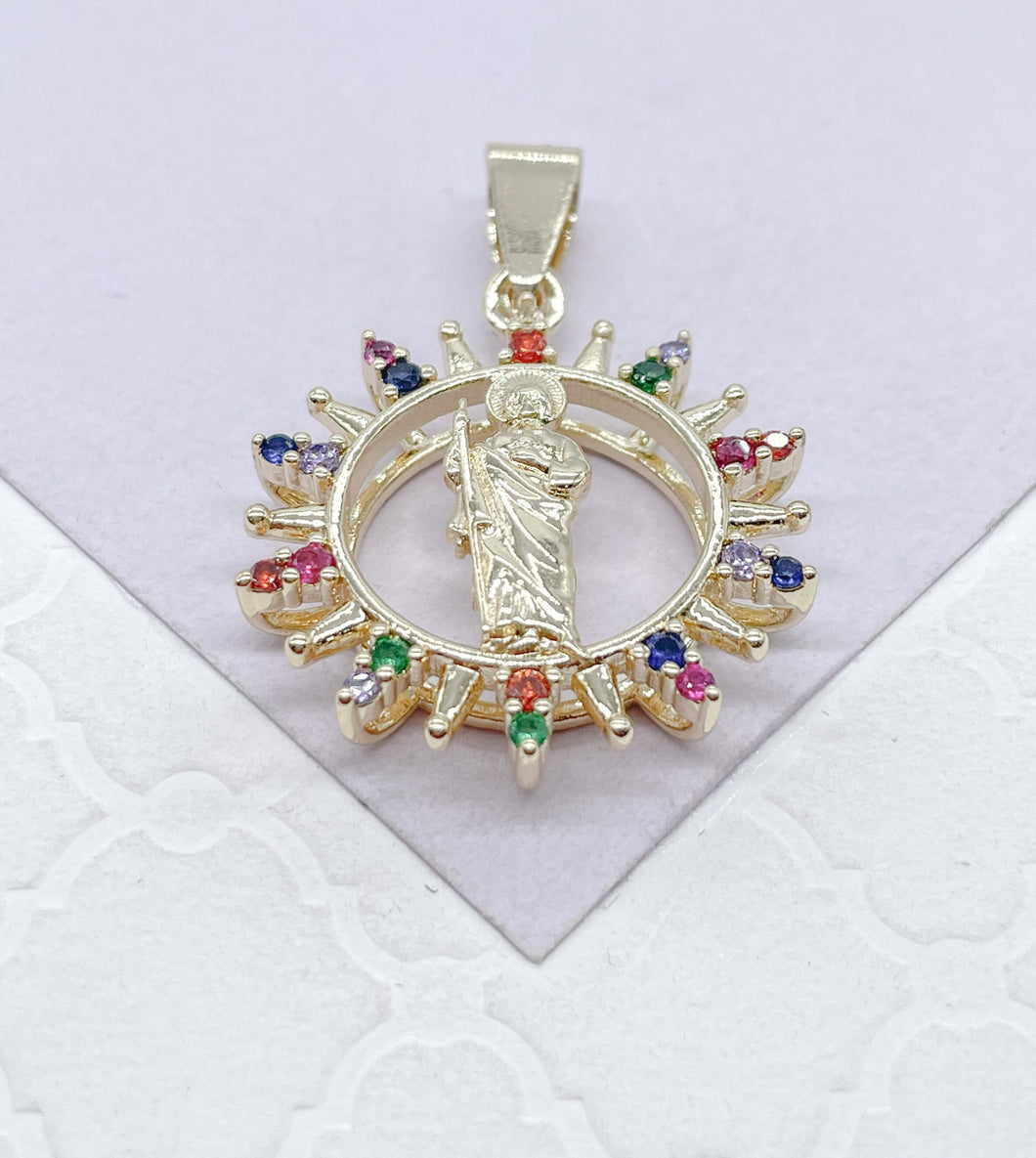18k Colorful St Jude Pendant Crowned with Multi-Color and White CZ Stones