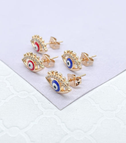 18k Gold Filled Evil Eye Studs Crowned With Stones and Mini Lashes