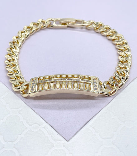 7mm 18k Gold Filled Unisex ID Cuban Link Bracelet with Engraved Edge Pattern