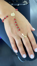 Load image into Gallery viewer, 18k Gold Filled Beaded Hand Chain Bracelet With St Benedict Center Piece &amp; Gold Cross
