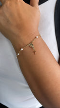Load image into Gallery viewer, 18k Dainty Gold Filled Beaded Pearl Satellite Rosary Bracelet with Virgin Mary and Crucifix Charm

