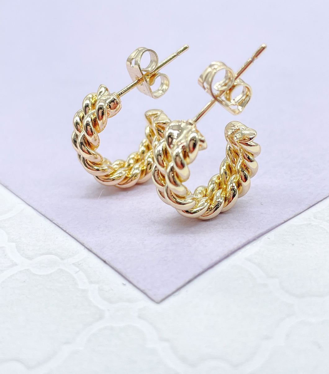 18k Gold Filled Double Dainty Row Twisted Pushback Open Hoop Earring C-Hoop