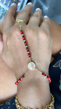 Load image into Gallery viewer, 18k Gold Filled Beaded Hand Chain Bracelet With St Benedict Center Piece &amp; Gold Cross
