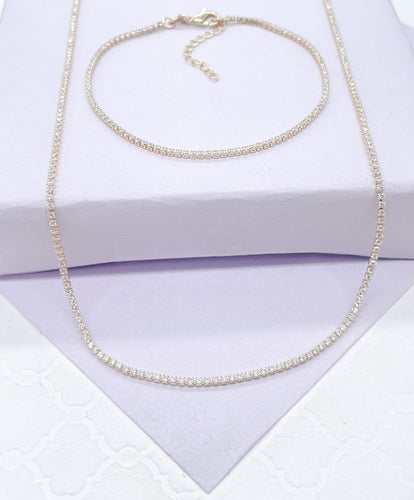 18k Gold Filled Dainty Ultra-Thin Layering Tennis Chain Bracelet & Choker Set