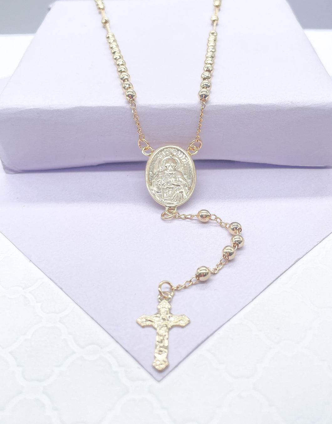 18k Gold Filled Beaded Rosary Chain With Rosary with St Jude Medallion Charm and Crucifix