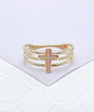 Load image into Gallery viewer, 18k Gold Filled 3 Band Ring with CZ Cross Engraved in Center
