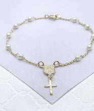 Load image into Gallery viewer, 18k Dainty Gold Filled Beaded Pearl Satellite Rosary Bracelet with Virgin Mary and Crucifix Charm
