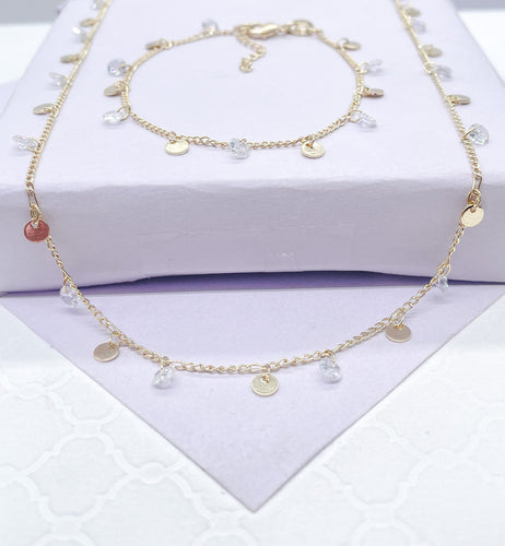 18k Gold Filled Dainty Curb Link Choker Set With Small CZ Flat Beaded Charms Dangling, For Her, Summer Jewlery, Bridal Jewlery