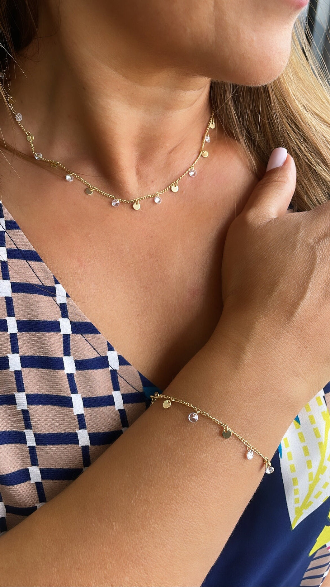 18k Gold Filled Dainty Curb Link Choker Set With Small CZ Flat Beaded Charms Dangling, For Her, Summer Jewlery, Bridal Jewlery