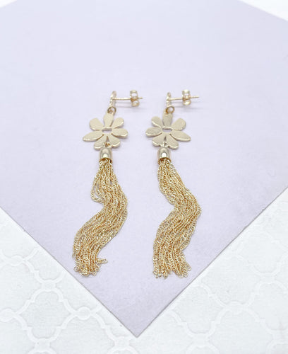 18k Gold Filled Flower Medallion Earring With Singapore Chain Tassles