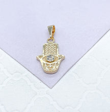 Load image into Gallery viewer, 18k Gold Filled Mini Hamsa Hand Pendant With Dainty Evil Eye in Center
