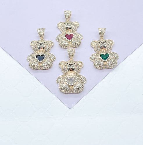 18k Gold Filled Chunky Bear Charm With Colorful Heart Center Piece, Animal Charm, Waterproof Jewlery, Hypoallergenic Jewle