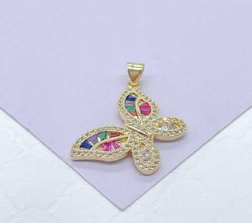 18k Gold Filled Colorful Butterfly Pendant with Colorful Baguette Stones and White Pave