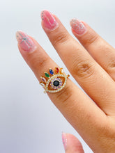 Load image into Gallery viewer, 18k Gold Filled Adjustable Evil Eye Ring Crowned Featuring Multi Color Zirconia Stones
