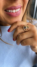 Load image into Gallery viewer, 18k Gold Filled Adjustable Evil Eye Ring Crowned Featuring Multi Color Zirconia Stones
