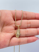 Load image into Gallery viewer, 18k Gold Filled Mini Hamsa Hand Pendant With Dainty Evil Eye in Center
