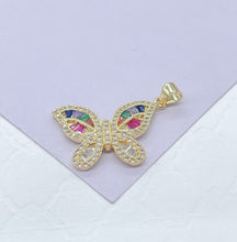 Load image into Gallery viewer, 18k Gold Filled Colorful Butterfly Pendant with Colorful Baguette Stones and White Pave
