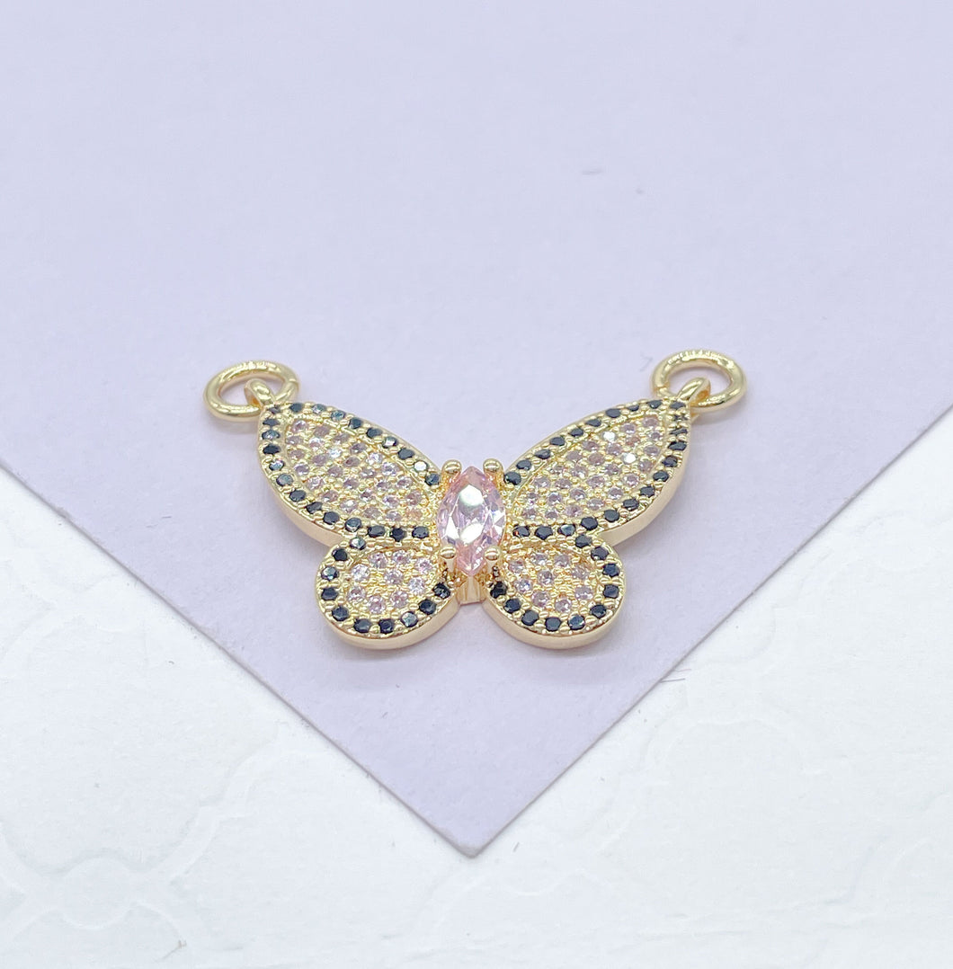 18k Gold Filled Baby Pink Butterfly Pendant With Black Pave Outline With Marquise Cut Center, For Jewlery Making, Dainty Butterfly