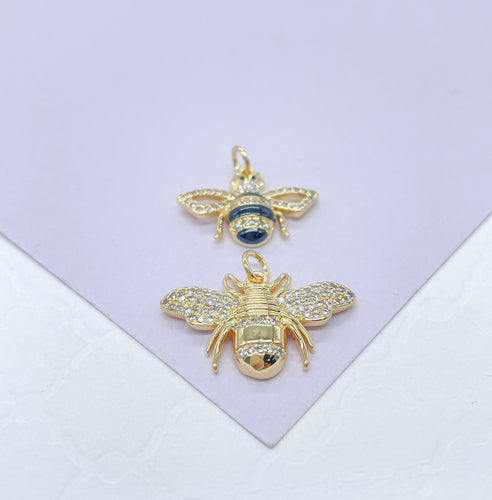 18k Gold Filled Black Stripe & All Gold Bee Pendant Both with White Pave Stones