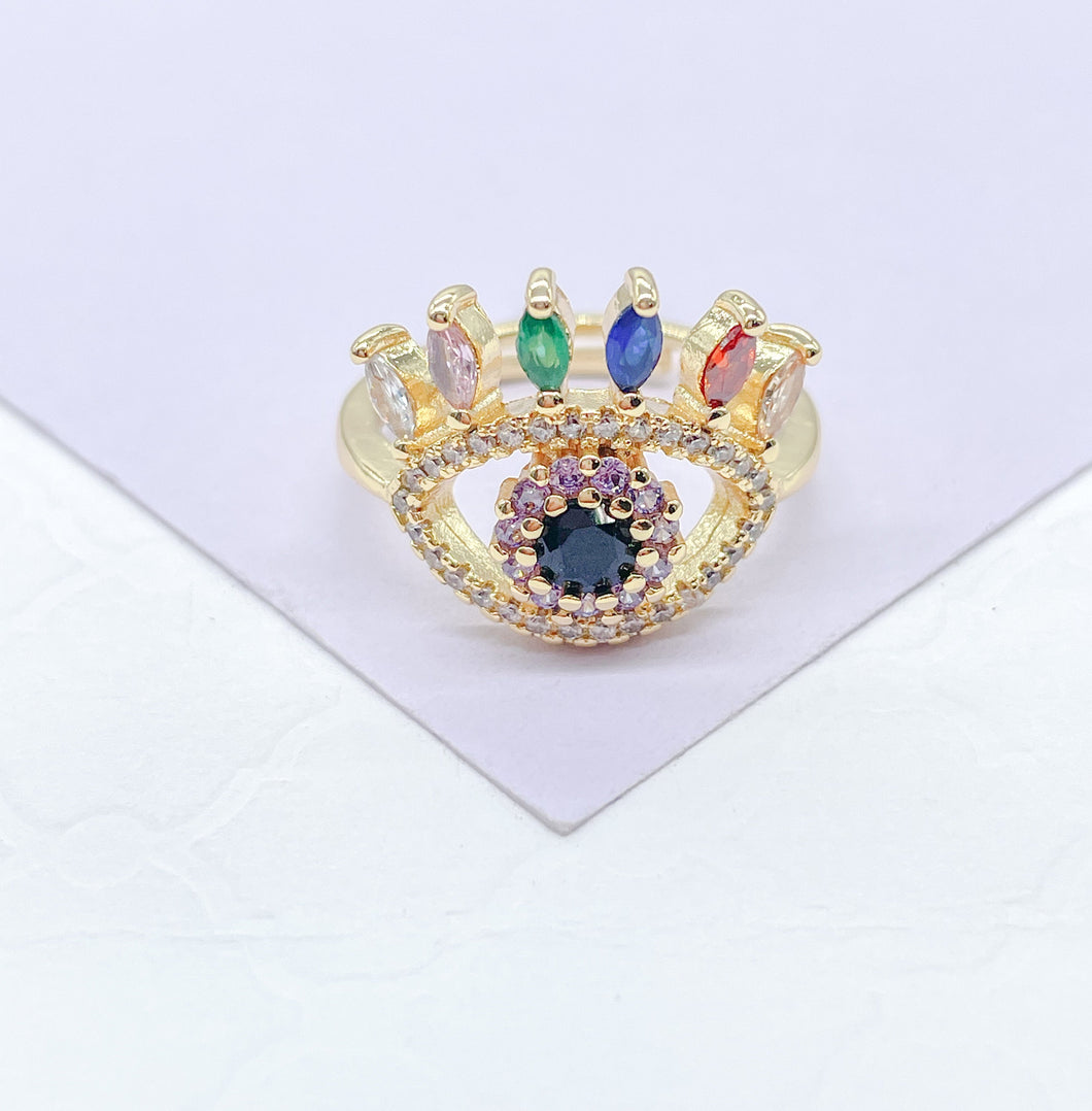 18k Gold Filled Adjustable Evil Eye Ring Crowned Featuring Multi Color Zirconia Stones