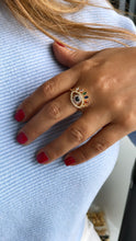 Load image into Gallery viewer, 18k Gold Filled Adjustable Evil Eye Ring Crowned Featuring Multi Color Zirconia Stones
