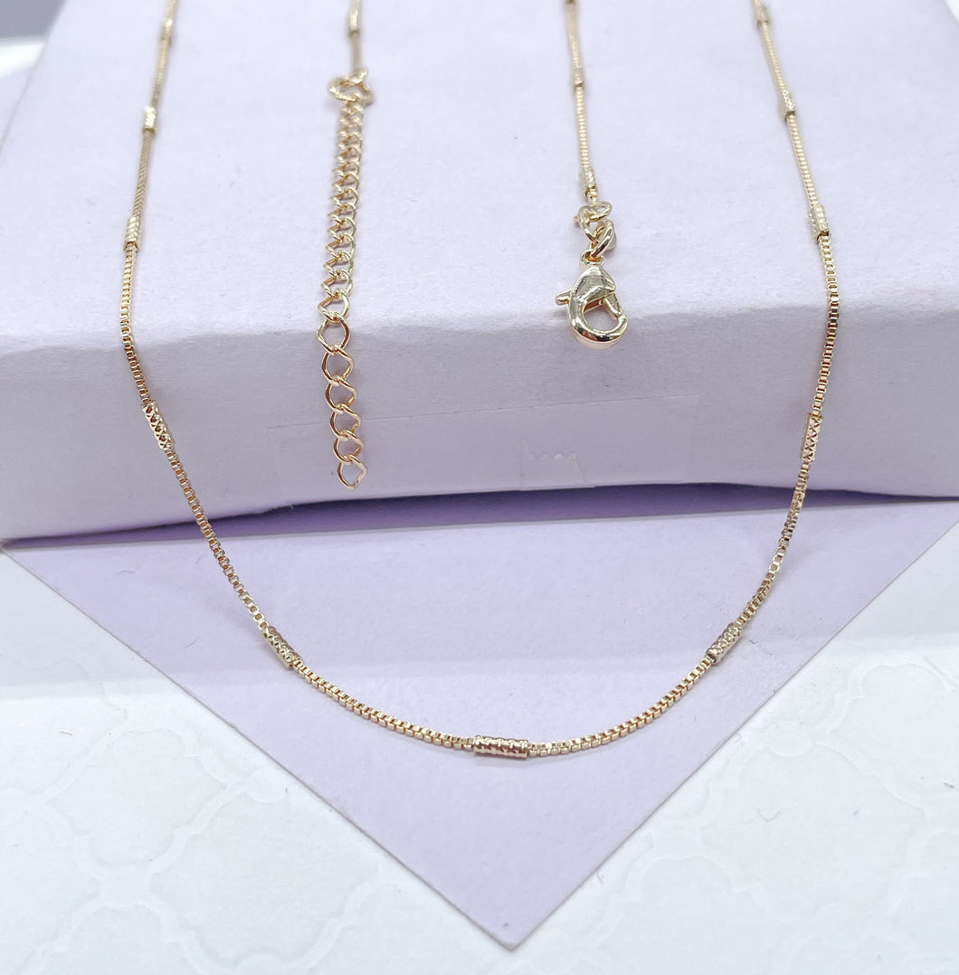 18k Gold Filled 16 Inch 1mm Dainty Interspersed Solid Grainy Bar Dash Box Chain Necklace Supplies Designers