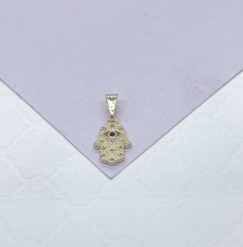 18k Gold Filled Mini Hamsa Hand Pendant With Dark Royal Blue Eye With Individual Textured CZ Stones