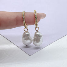 Load image into Gallery viewer, 18k Gold Filled Dangling Baroque Pearl With Pave Hoop Earring
